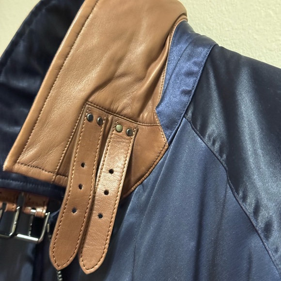 Ralph Lauren Midnight Blue Satin Jacket with Brown Leather Trim Sz Small - Picture 6 of 16